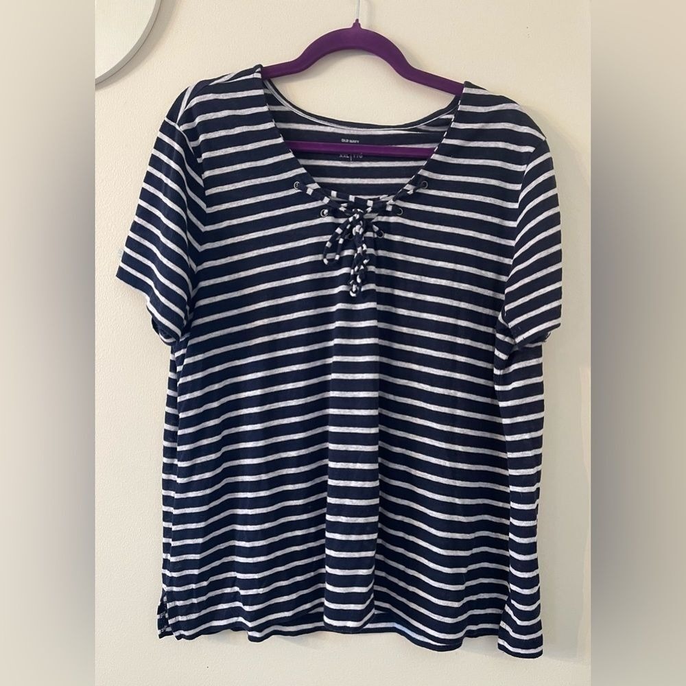 Old Navy Womens XXL Navy Blue White Striped Linen Blend Lace Up Short Sleeve Tee